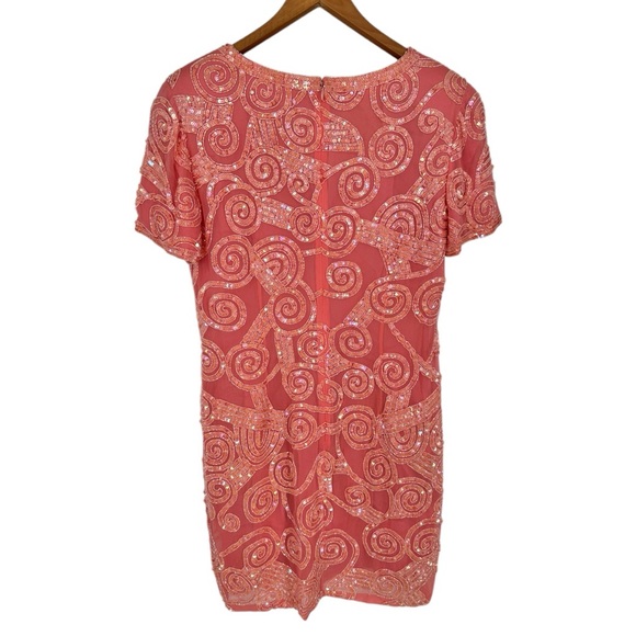 Oleg Cassini Black Tie Peachy Pink Sequin Beaded Mini Dress Embellished size 12 - Picture 9 of 14